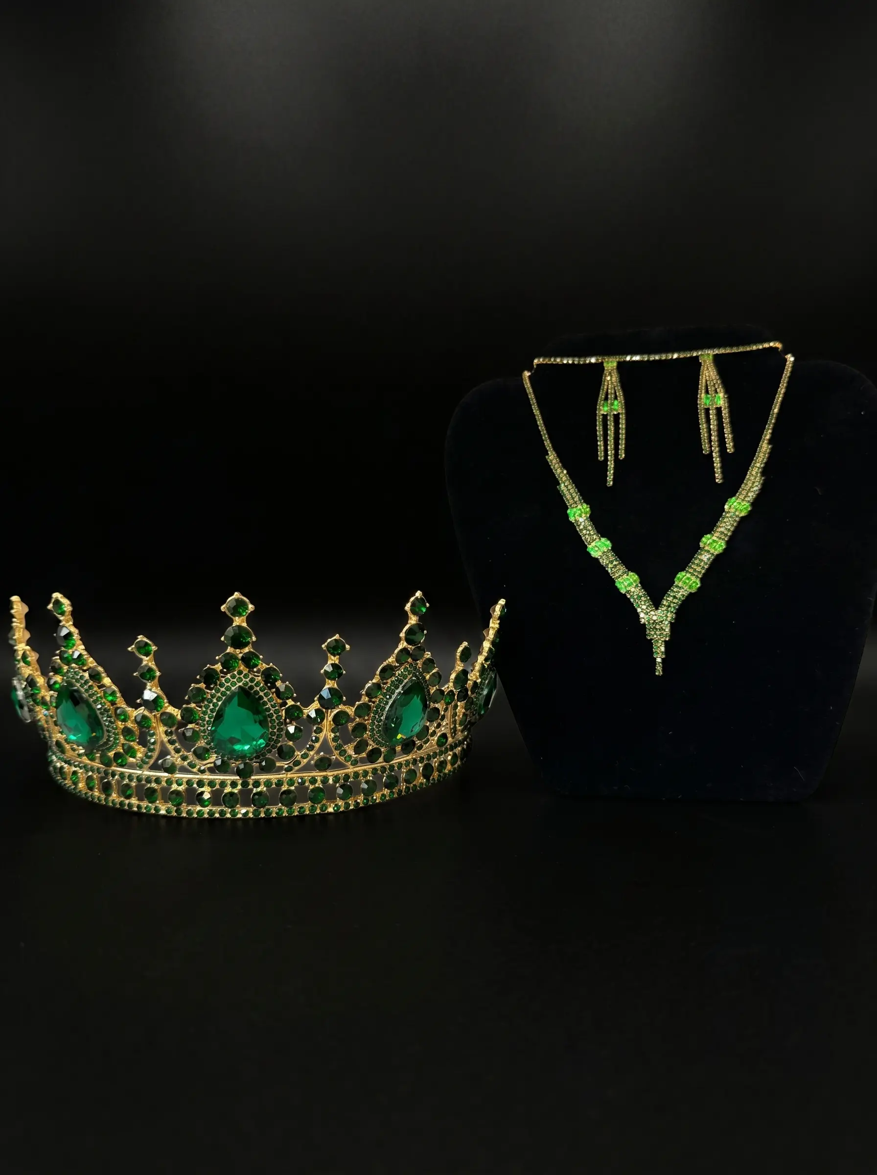 Hair, makeup, crown, and jewelry are planned together.