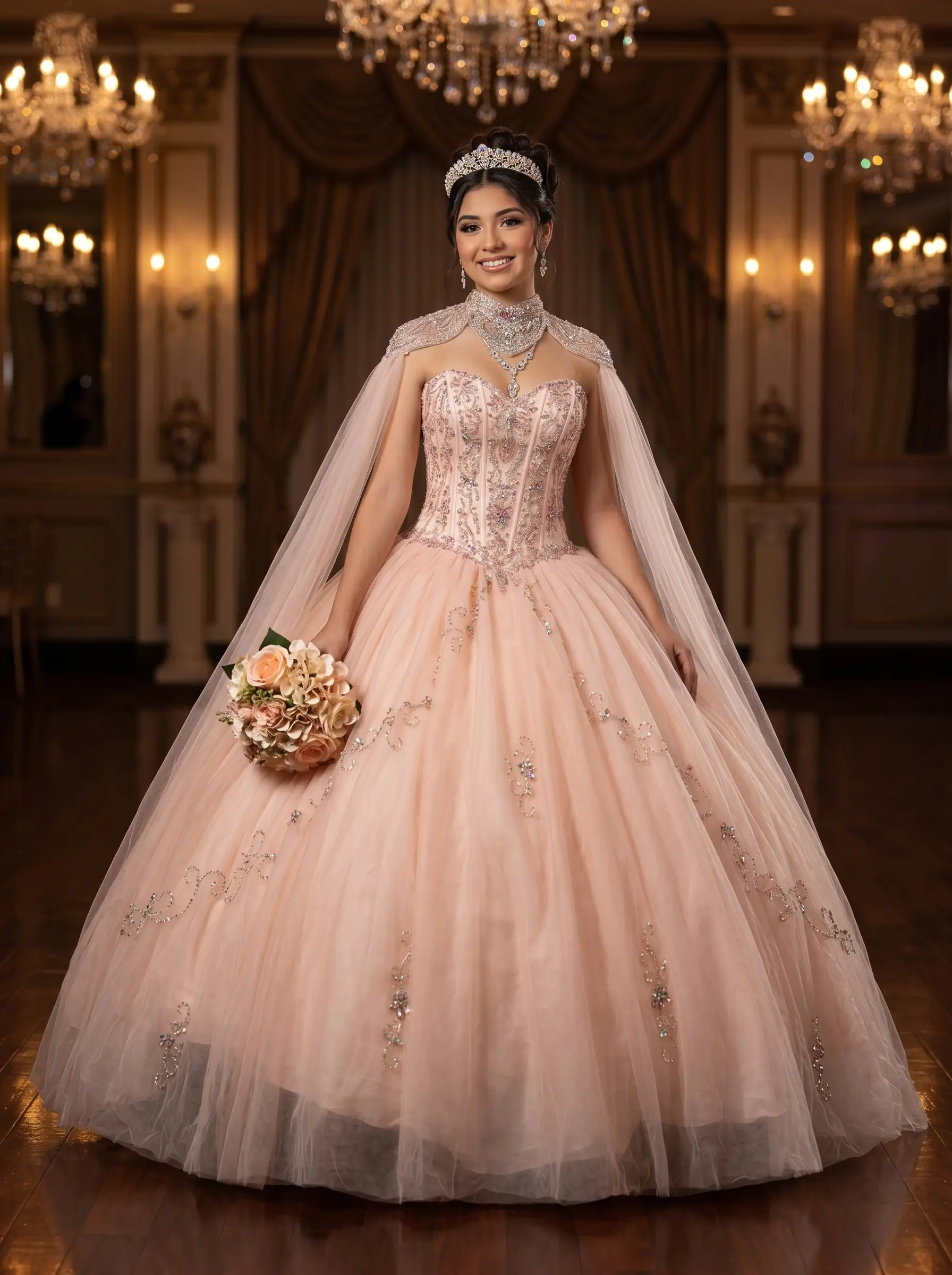 Blush Peach Ballgown on model